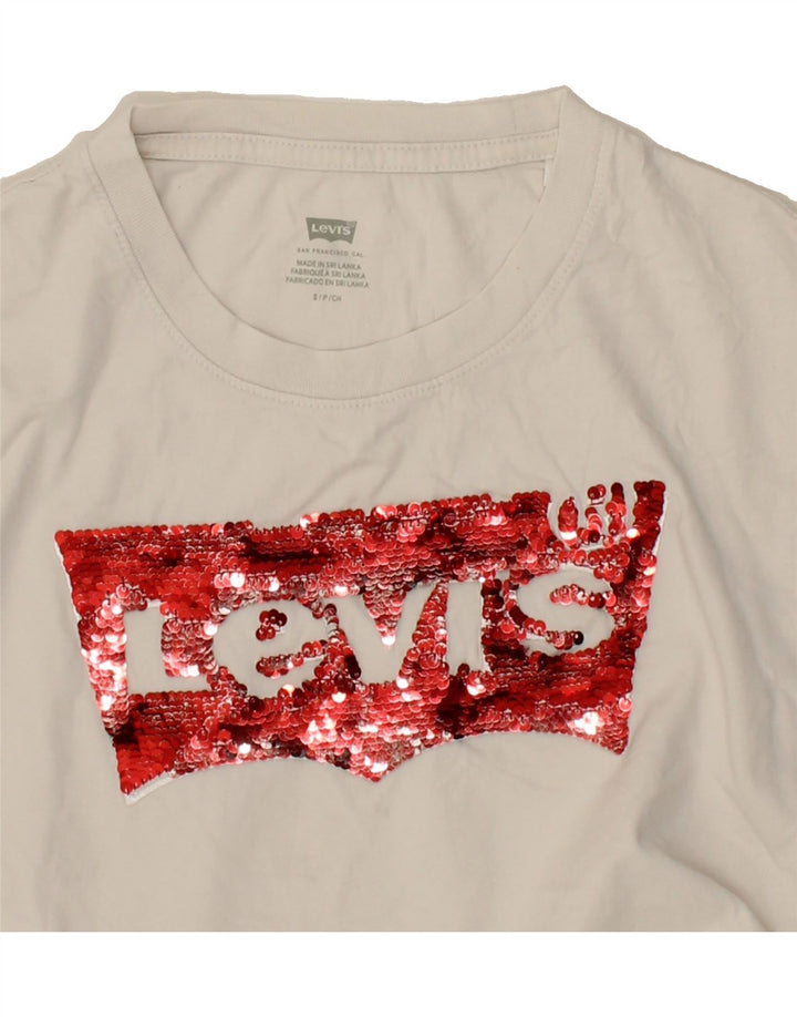LEVI'S Womens Oversized Crop Graphic T-Shirt Top UK 10 Small Off White Vintage Levi's and Second-Hand Levi's from Messina Hembry 