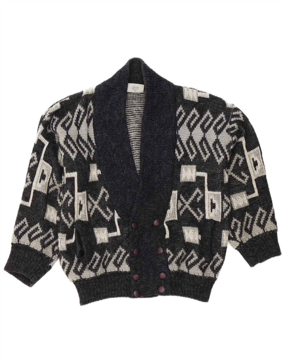 vintage Mens Cardigan Pull Grand Gris Géométrique