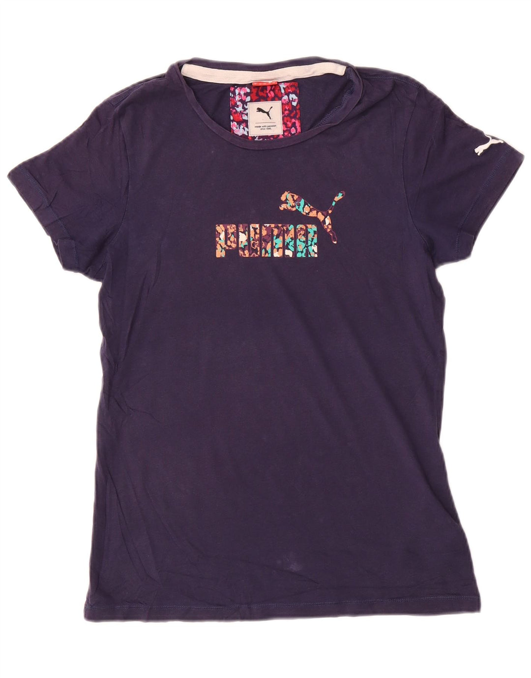 Puma T-shirt graphique pour femme UK 12 Bleu marine moyen Coton