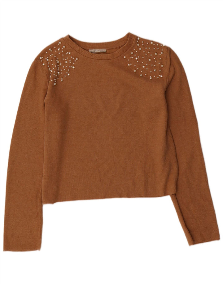 ZARA Pull court à col rond pour femme UK 16 Large Marron