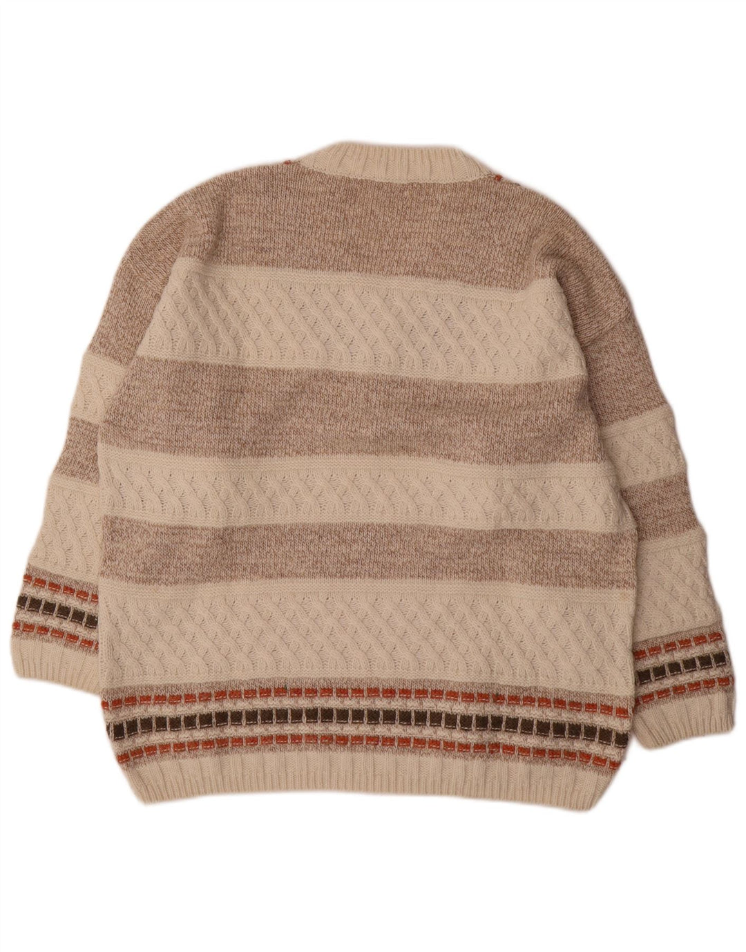 vintage Mens V-Col Jumper Pull Moyen Beige Rayé Laine