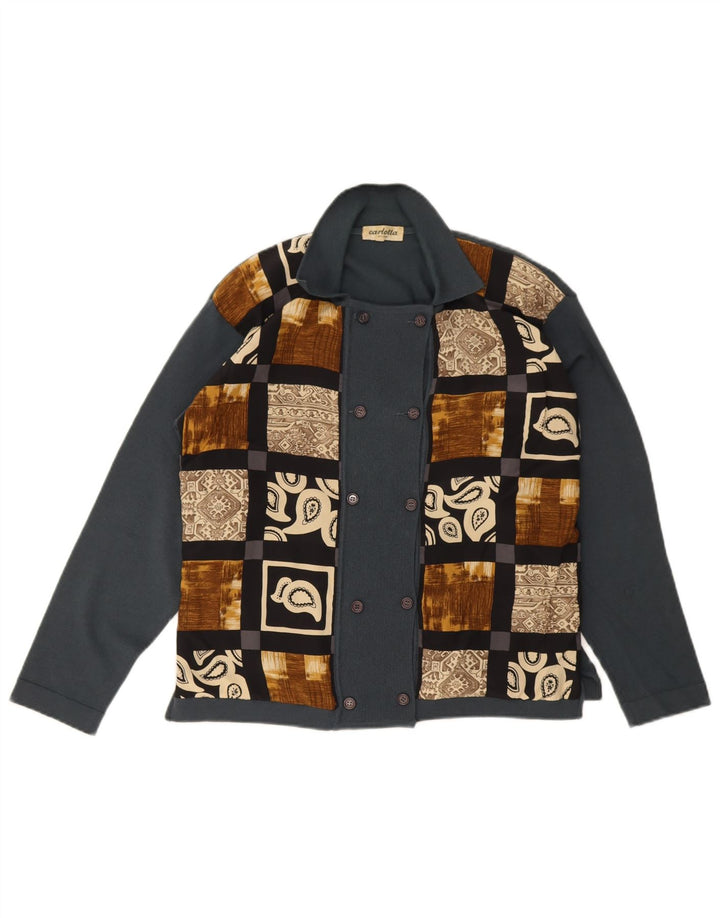 vintage Femmes Double Breasted Cardigan Pull UK 14 Moyen Gris Patchwork