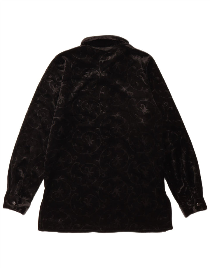 vintage Femme Velour Chemise Blouse UK 12 Moyen Noir Paisley Polyester