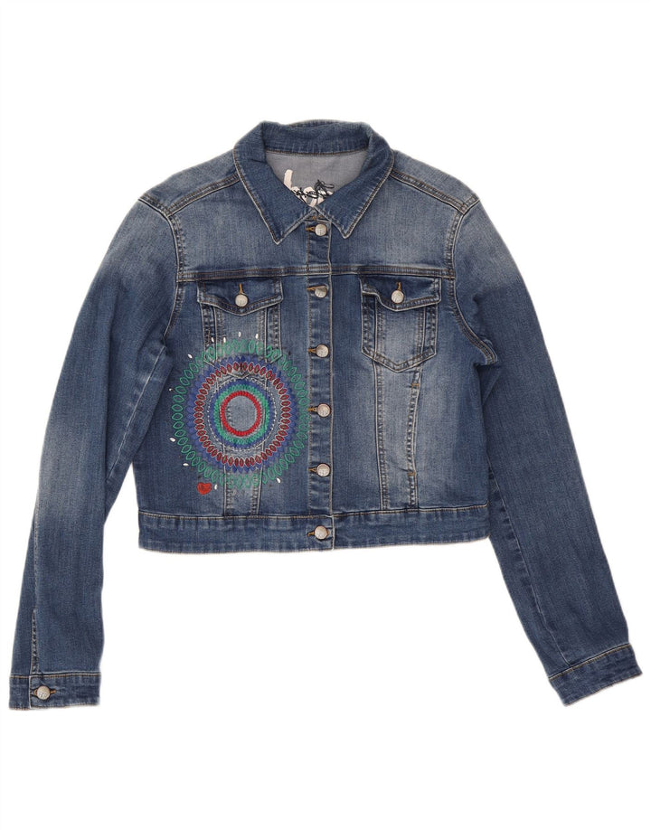 Desigual Femmes Graphic Crop Denim Jacket EU 42 Large Bleu Polyester