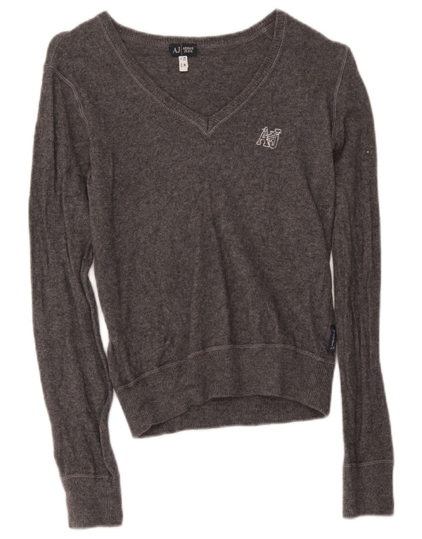 Armani Jeans Pull court à col en V pour femme UK 12 Gris moyen Viscose