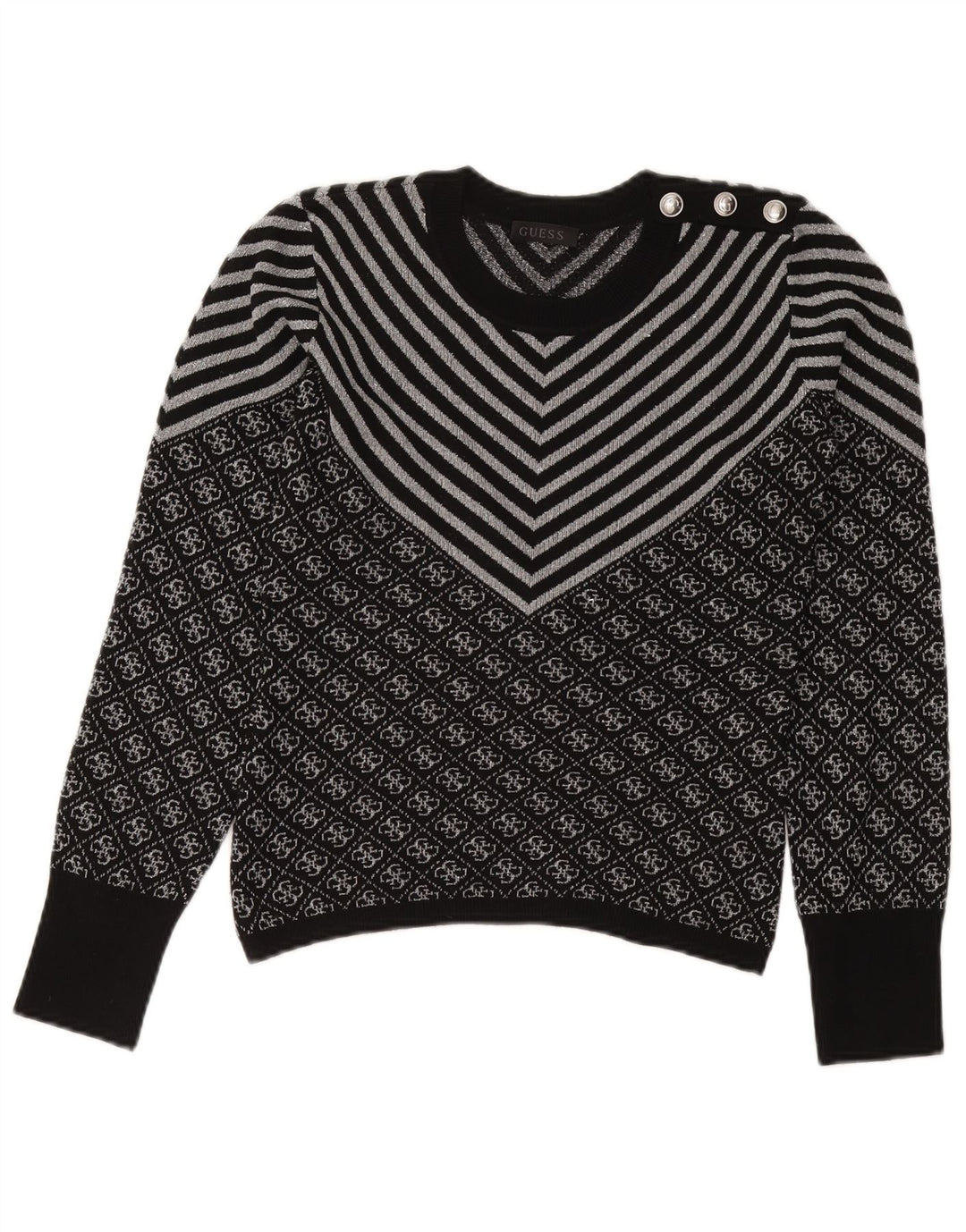 GUESS Pull ras du cou pour femme UK 6 XS Noir Chevron Polyester
