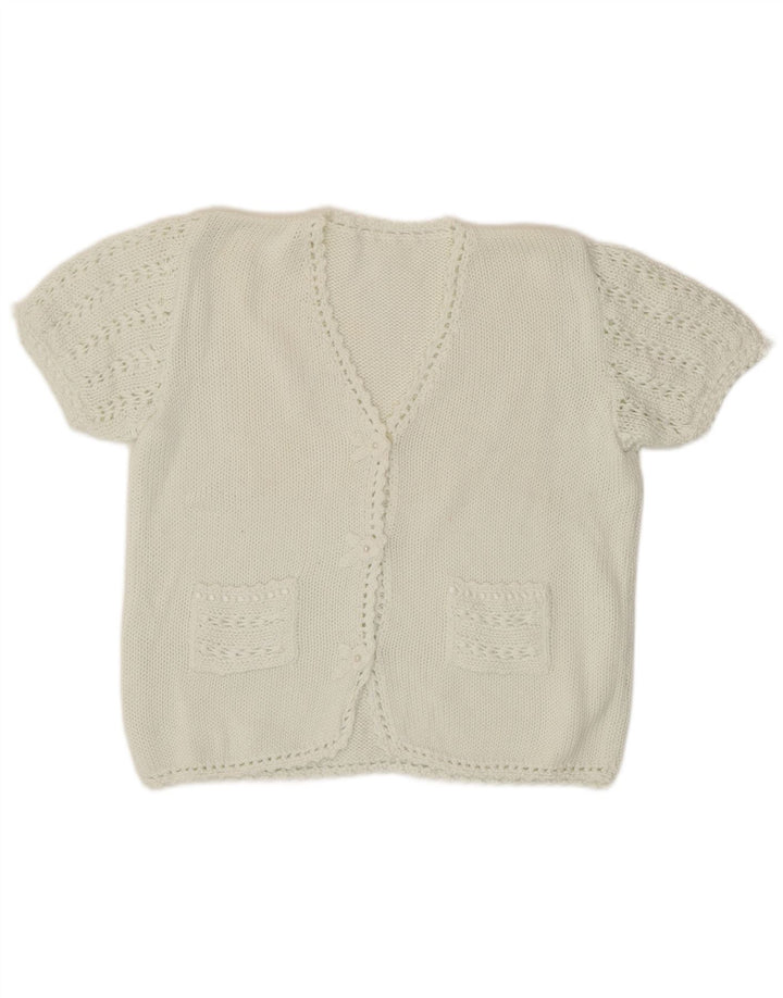 vintage Femmes Manches Courtes Cardigan Pull UK 12 Moyen Blanc