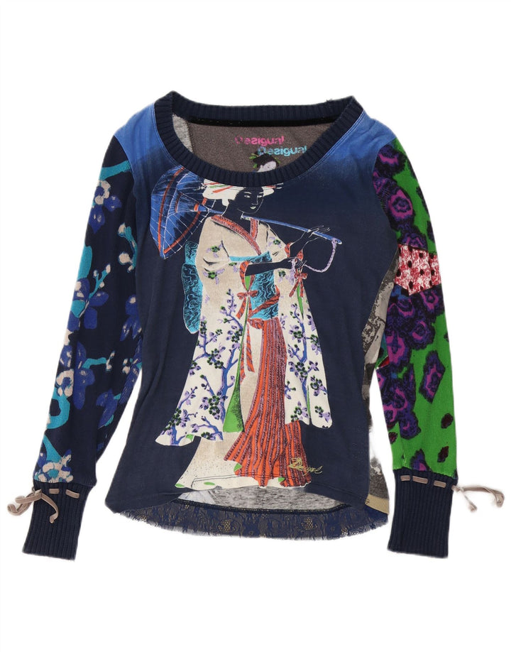 DESIGUAL Haut graphique à manches longues pour femme UK 44 Bleu marine moyen floral