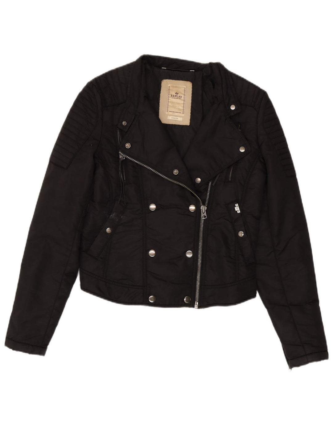 Replay Veste de motard courte pour femme UK 12 Noir moyen