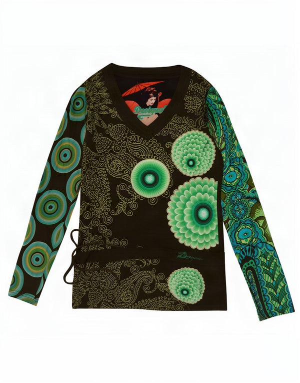 Desigual Haut graphique à manches longues pour femme UK 10 Petit coton cachemire kaki
