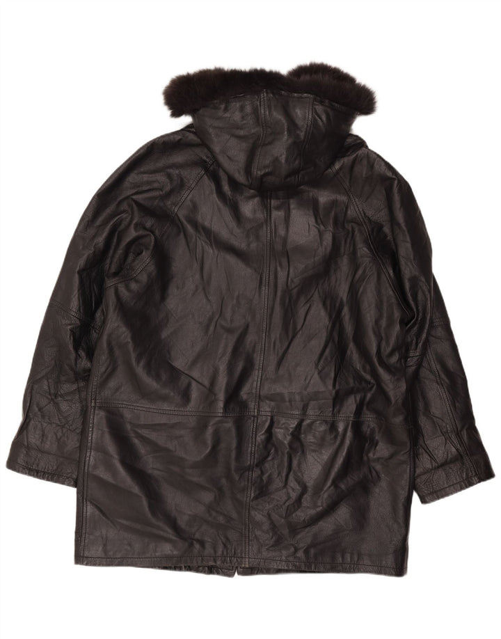 vintage Femmes Loose Fit Manteau en cuir à capuche UK 18 XL Cuir Noir