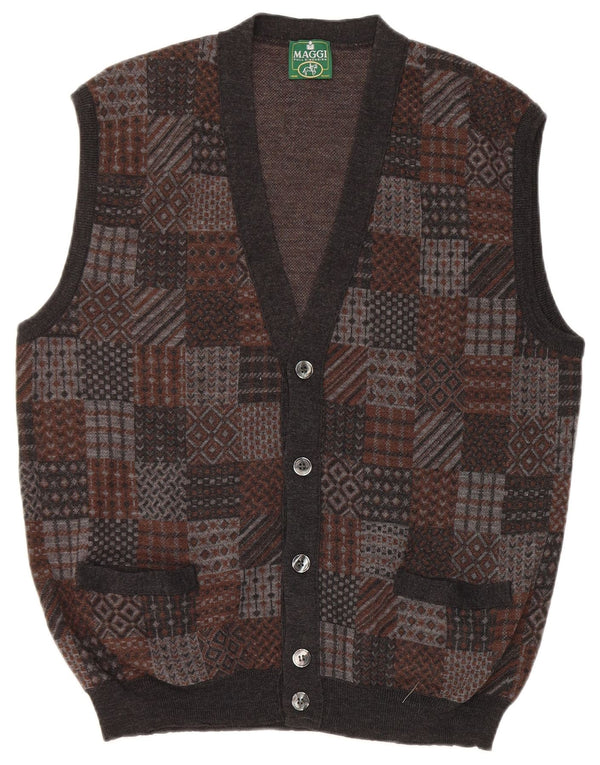 vintage Mens Cardigan sans manches Pull Moyen Gris Géométrique Laine Vierge