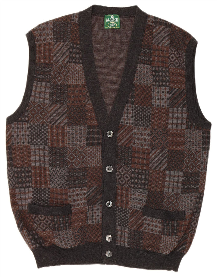 vintage Mens Cardigan sans manches Pull Moyen Gris Géométrique Laine Vierge
