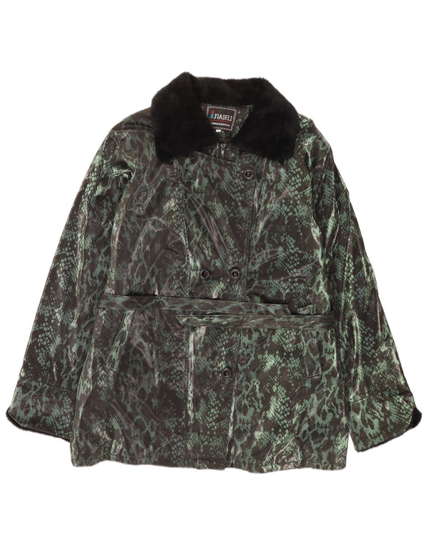 vintage Femmes Double Breasted Coat UK 18 XL Vert Animal Print Polyester