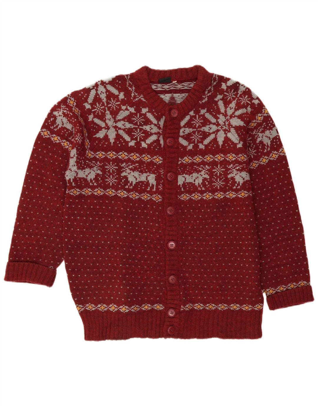 VINTAGE Pull Cardigan Homme Grande Laine Fair Isle Bordeaux