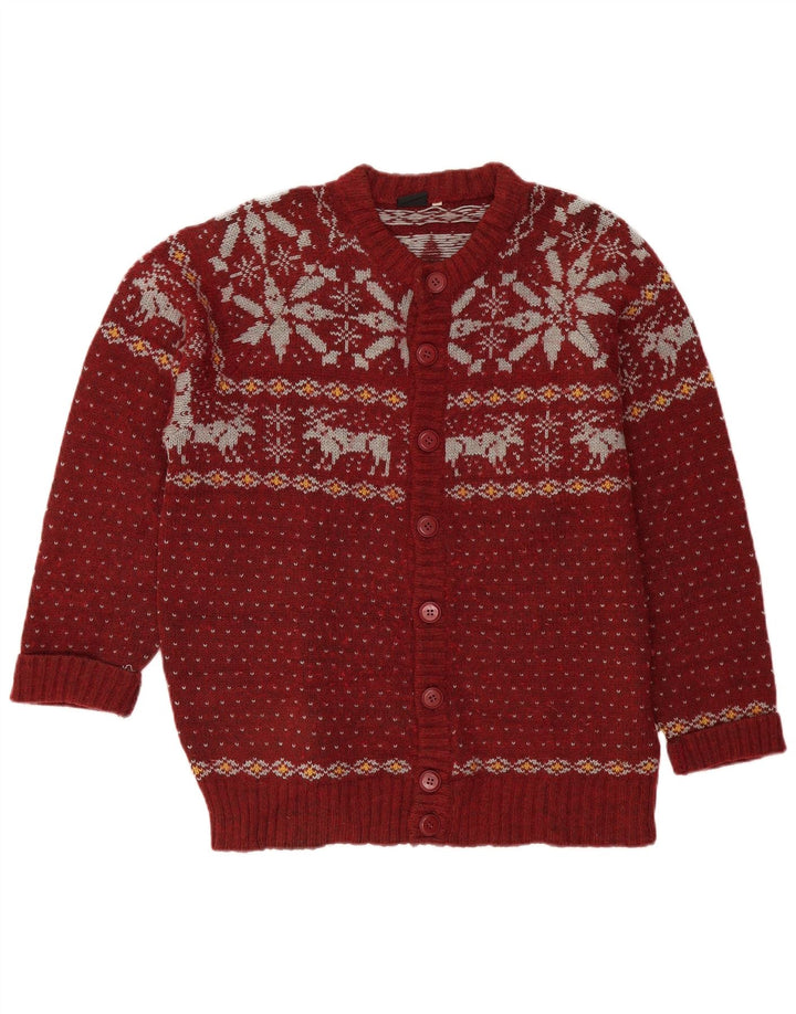 VINTAGE Pull Cardigan Homme Grande Laine Fair Isle Bordeaux