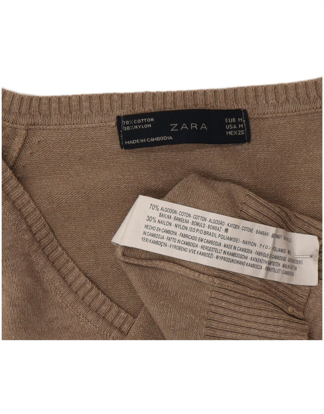 Zara Pull col en V pour femme UK 12 Gris moyen Coton