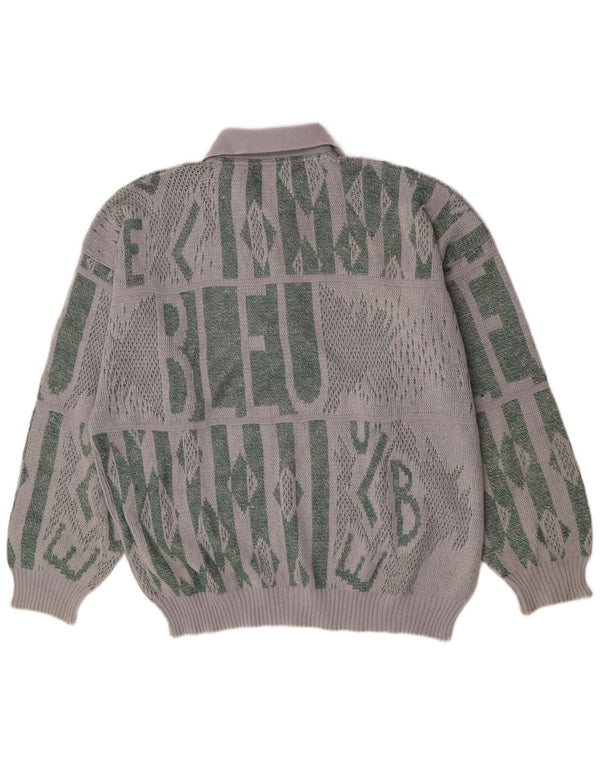 vintage Mens Graphic Polo Neck Jumper Pull XL Gris Coton