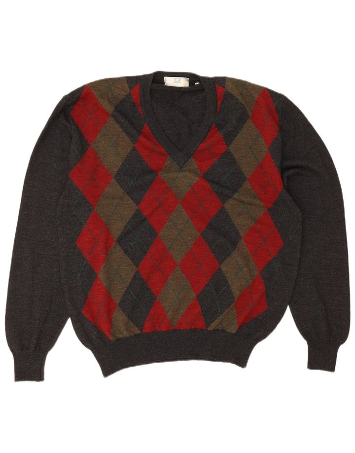 vintage Homme Col V Pull Pull IT 50 Gris Moyen Argyle/Diamant