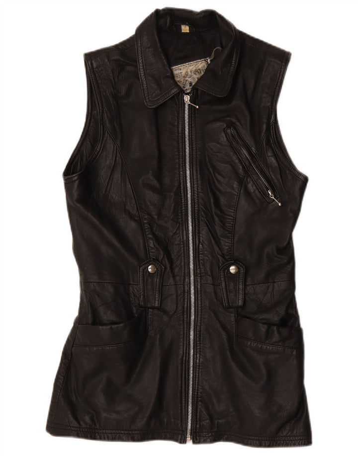 gilet en cuir femme vintage UK 12 Moyen Noir