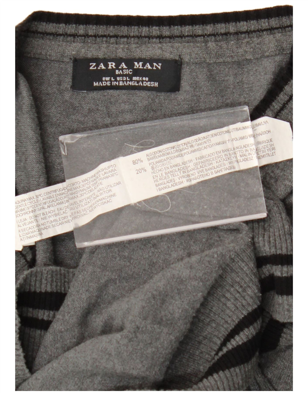 Zara Pull col V pour homme en coton rayé gris Large