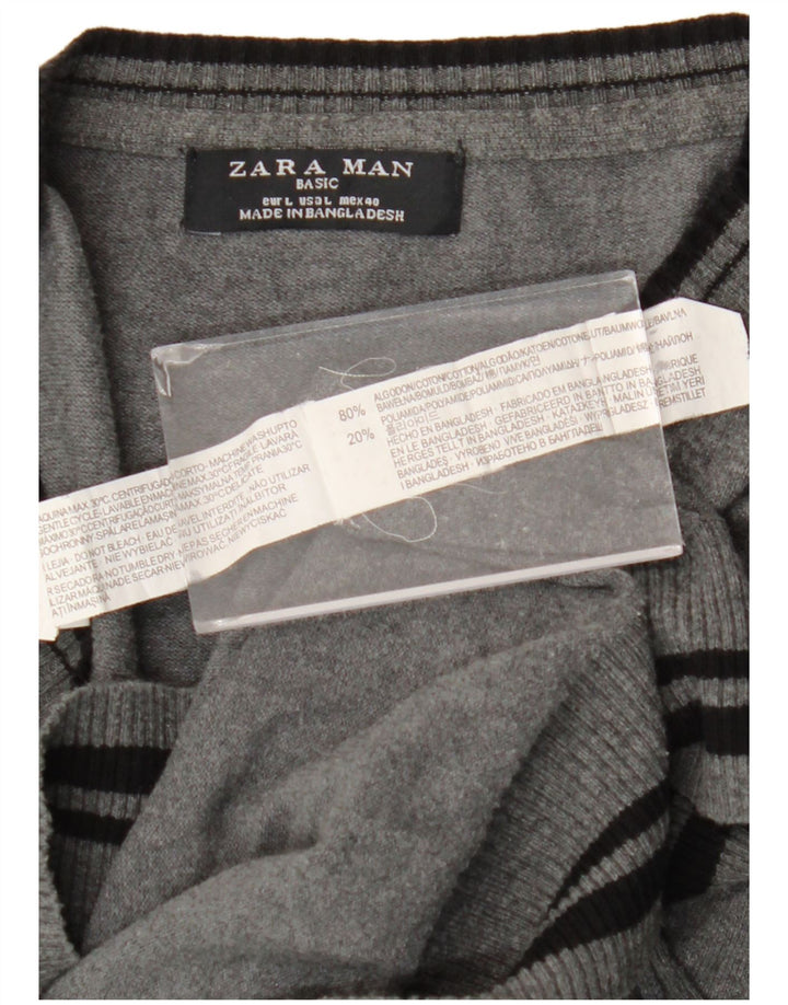Zara Pull col V pour homme en coton rayé gris Large