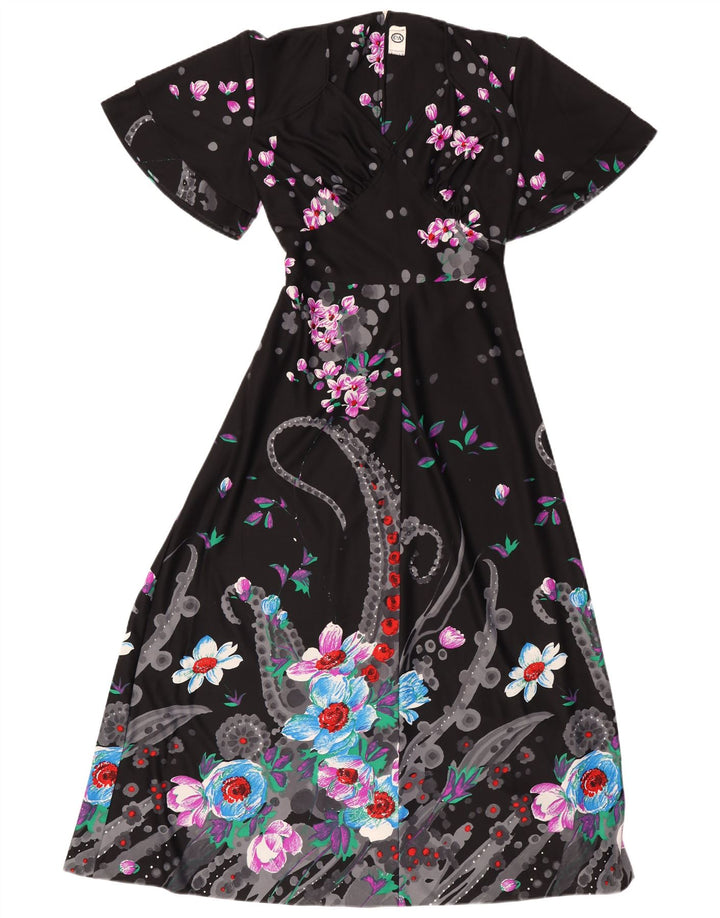 C & A Robe longue à manches courtes pour femme UK 44 Polyester floral noir moyen