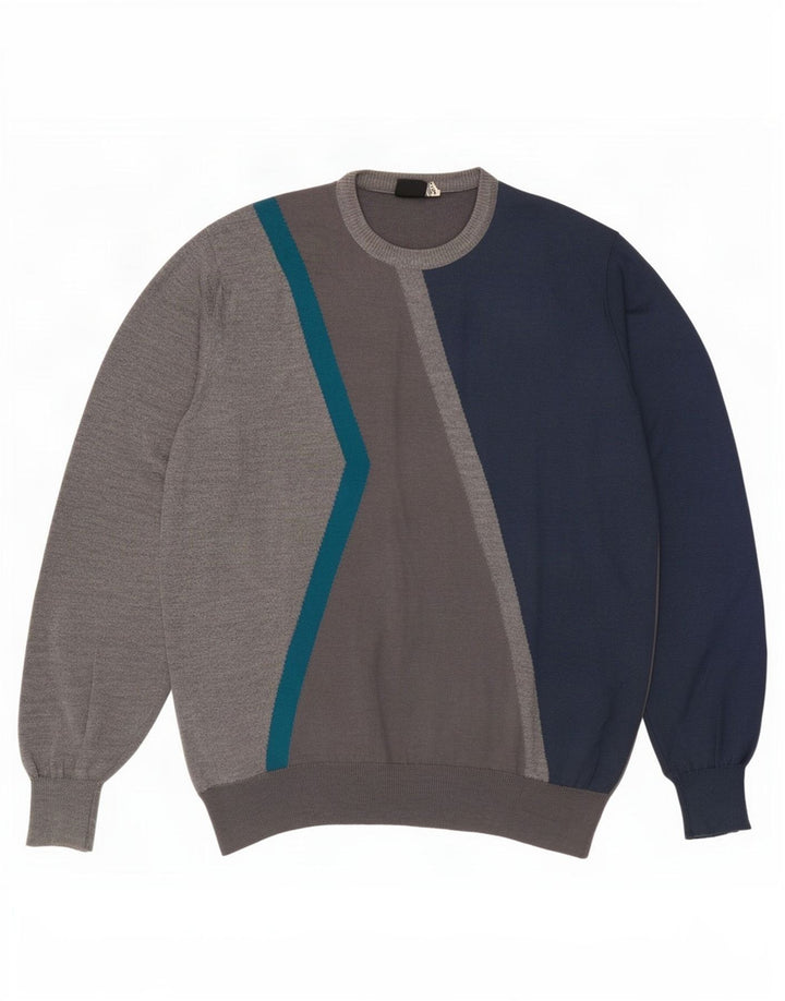 vintage Mens Crew Neck Jumper Pull IT 52 Grand Gris Colorblock