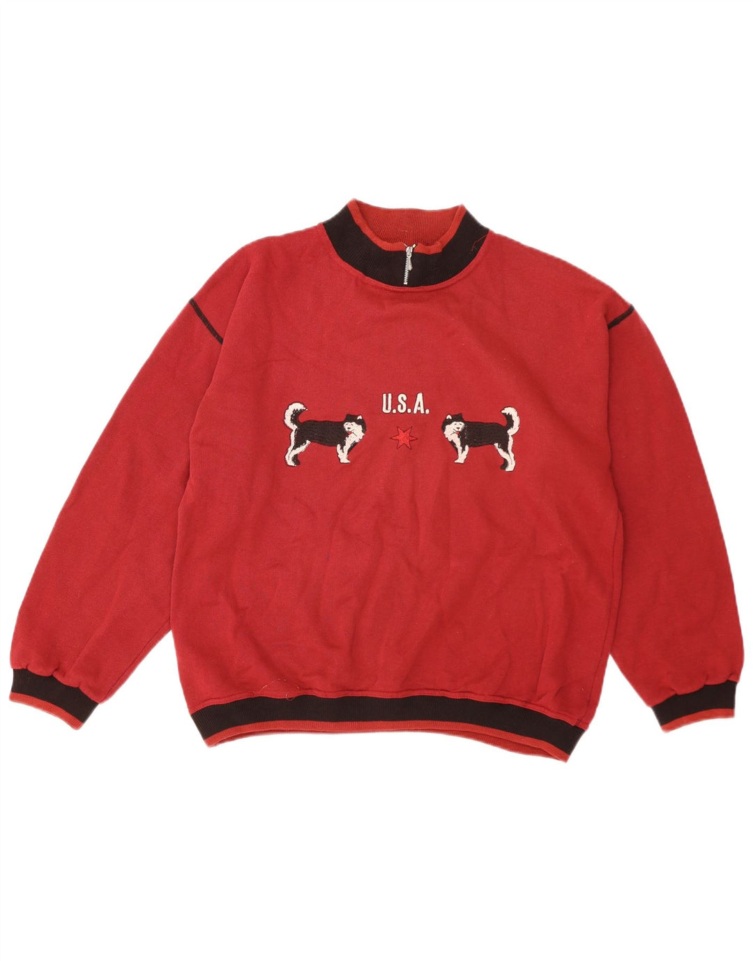 vintage Mens Graphic Sweatshirt Jumper Moyen Rouge Colourblock Coton