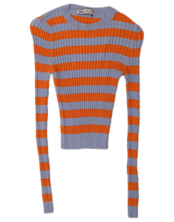 Zara Womens Crop Boat Neck Jumper Sweater UK 10 Petit Orange Rayé
