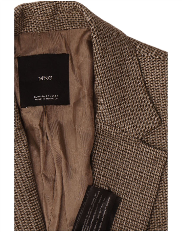 Mango Veste Blazer 1 Bouton pour Femme UK 10 Petit Pied-de-Poule Marron