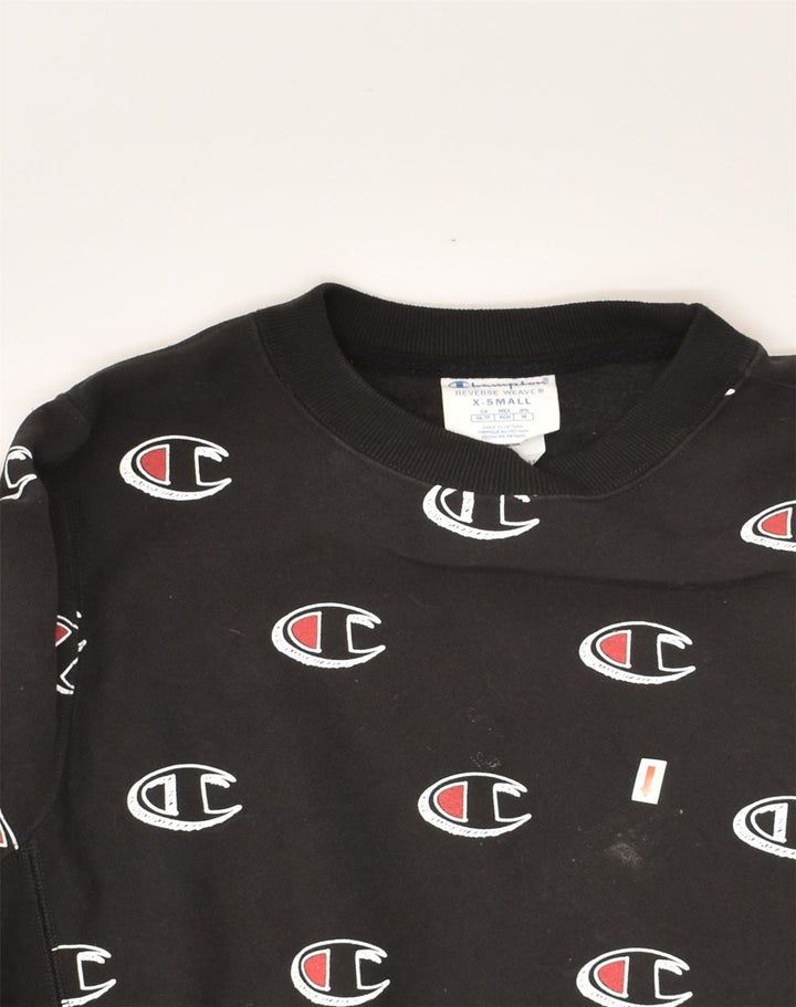 CHAMPION Mens Crazy Pattern Sweatshirt Jumper XS Black Cotton Logo | Vintage Champion | Thrift | Second-Hand Champion | Used Clothing | Messina Hembry 