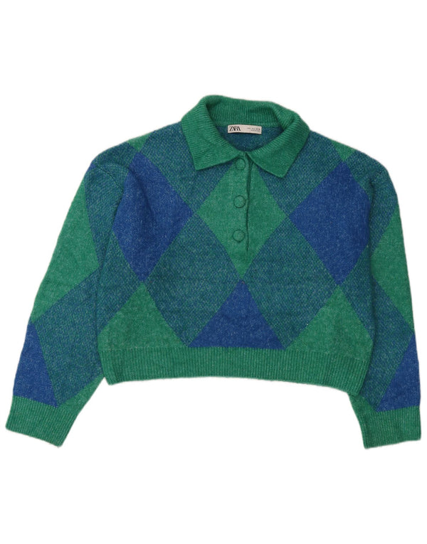 Zara Pull surdimensionné à col polo pour femme UK 14 Grand Vert Rétro