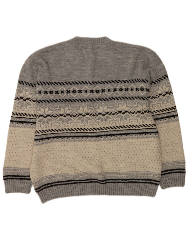 vintage Mens Crew Neck Jumper Pull Moyen Gris Fair Isle Acrylique
