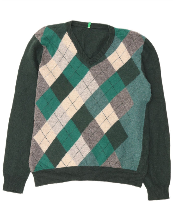 Benetton Pull col V pour femme UK 44 Vert moyen Argyle/Diamant
