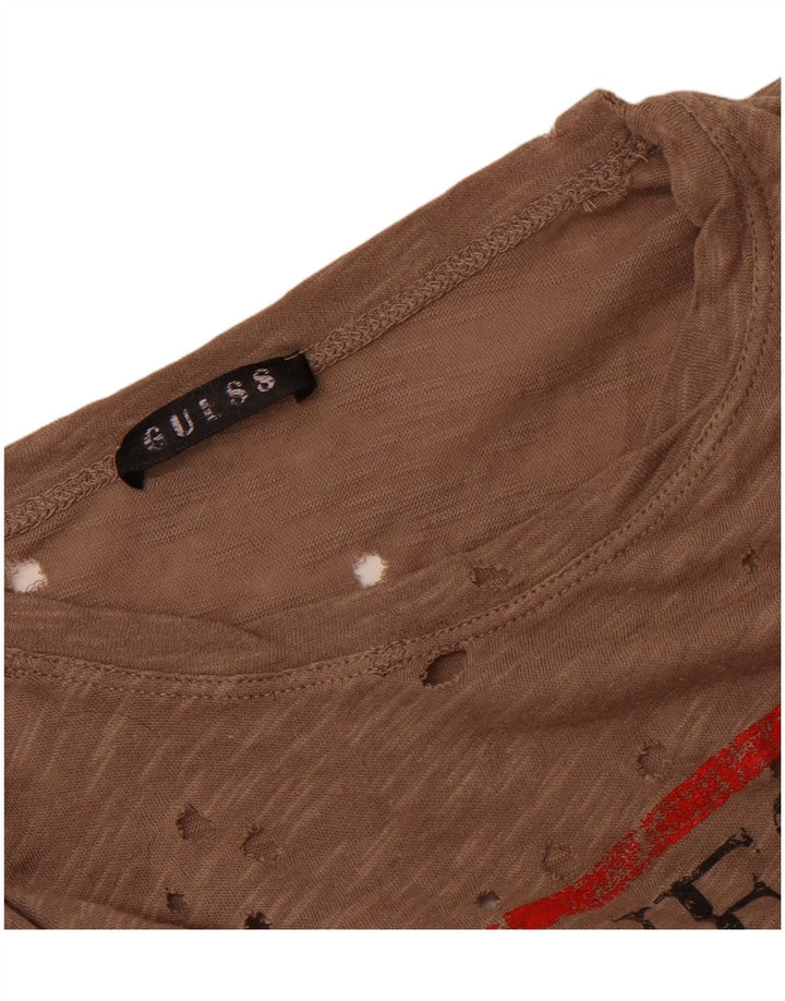 Guess T-shirt graphique perforé pour femme UK 14 Marron moyen