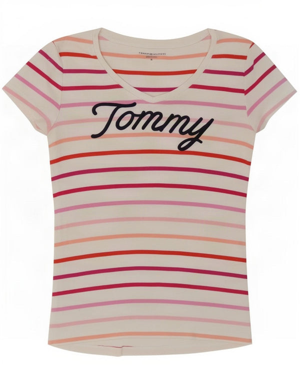 Tommy Hilfiger T-shirt graphique pour femme UK 14 Coton rayé blanc moyen
