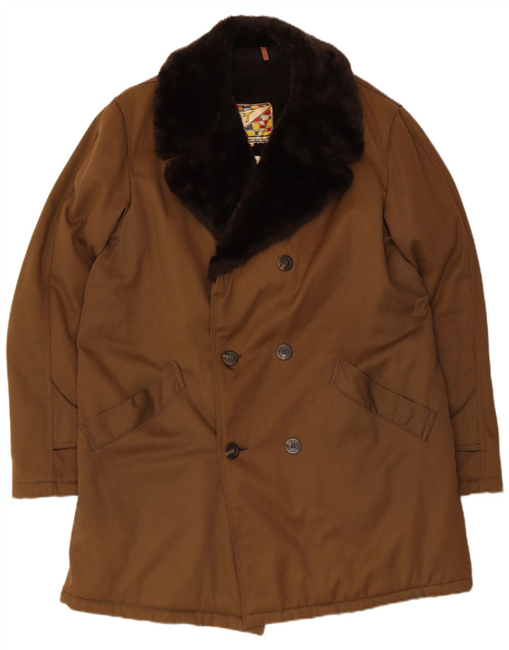 vintage Homme Double Breasted Manteau EU 54 2XL Marron Polyester