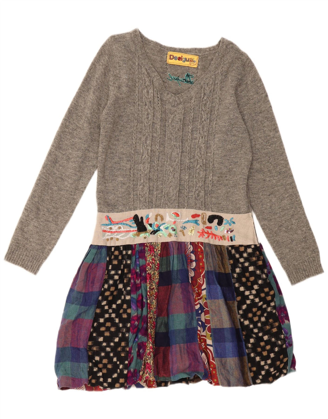 DESIGUAL Robe pull à manches longues pour femme EU 44 XL Gris Patchwork Lin