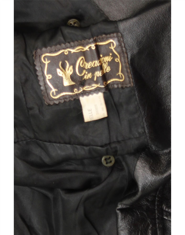 vintage Femme Double Breasted Leather Coat UK 14 Grand Cuir Noir
