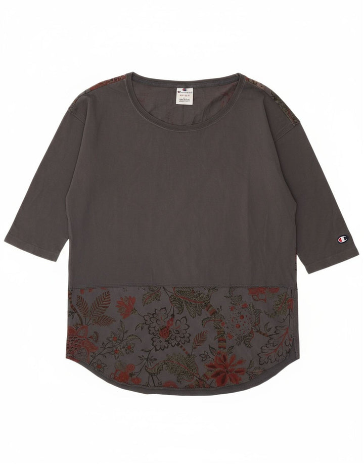 CHAMPION Womens Graphic Top 3/4 Sleeve UK 14 Medium Grey Floral