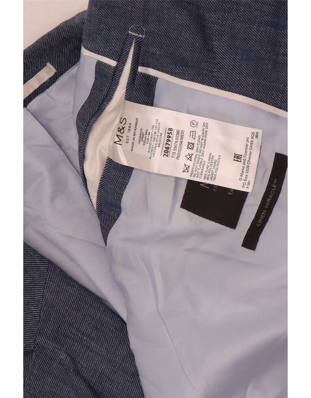 Marks & Spencer Veste blazer à 2 boutons pour homme UK 54 7XL Bleu Lin Classique
