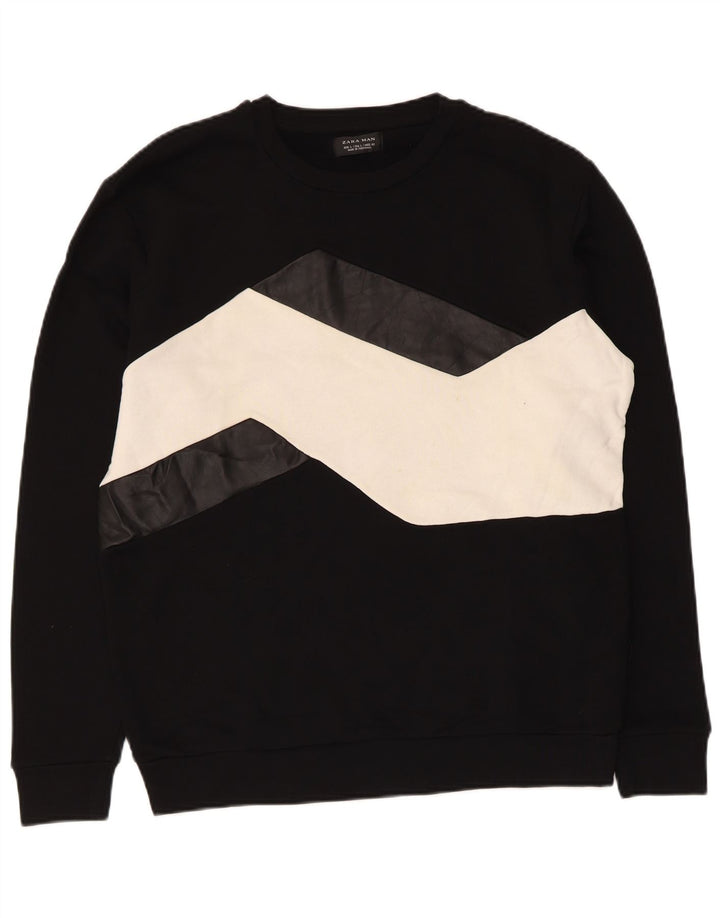 Zara Sweat-shirt pour homme en coton color block Noir Large