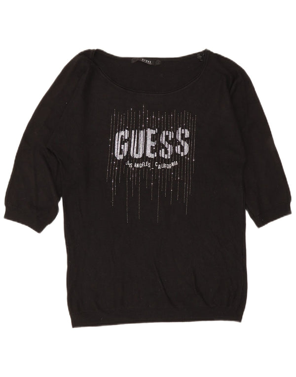Guess Pull graphique à manches 3/4 et col bateau pour femme UK 6 XS Noir