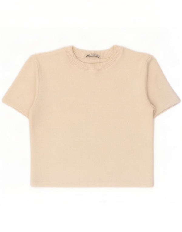 Zara Womens Crop T-Shirt Top UK 10 Petit Viscose Blanc Cassé