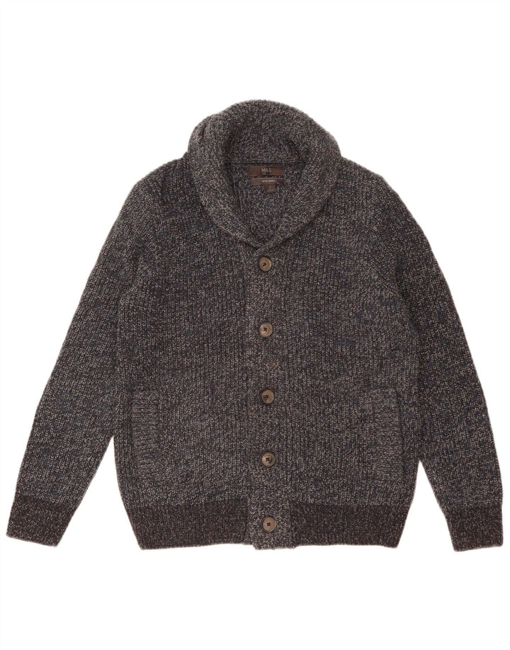 Marks & Spencer Pull Cardigan Homme Bleu Moyen Laine Mouchetée