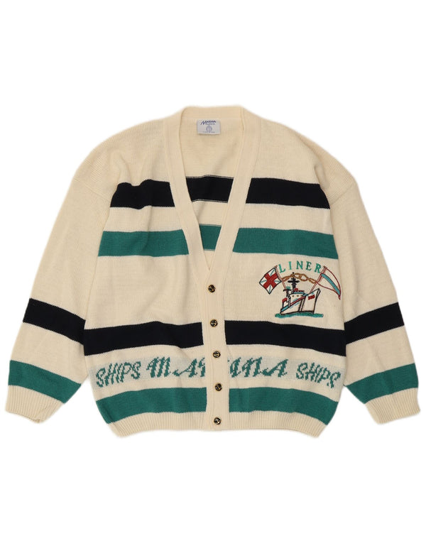 VINTAGE Mens Yachting Graphic Cardigan Pull Petit Blanc Cassé Rayé