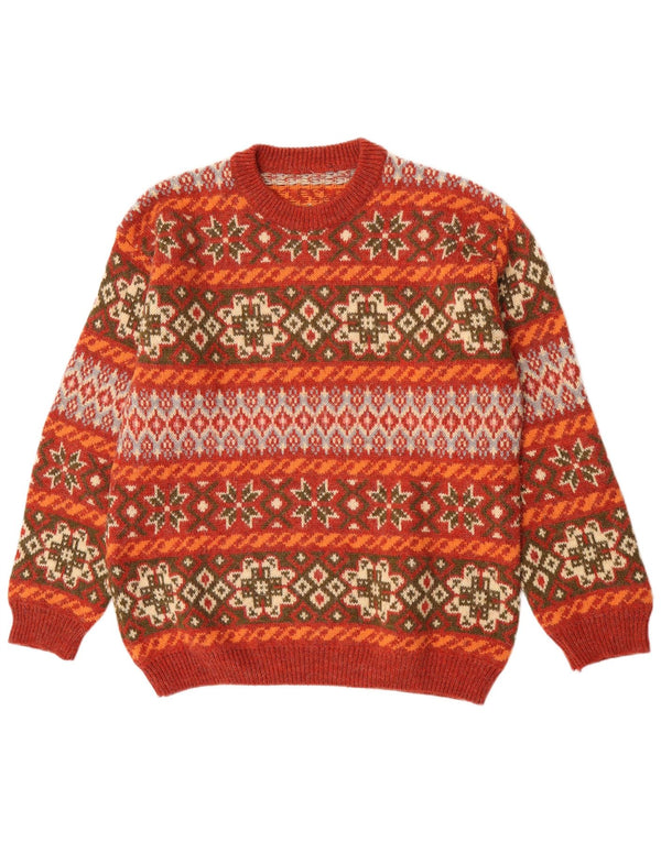 vintage Mens Crew Neck Jumper Pull XL Orange Fair Isle Alpaga Laine