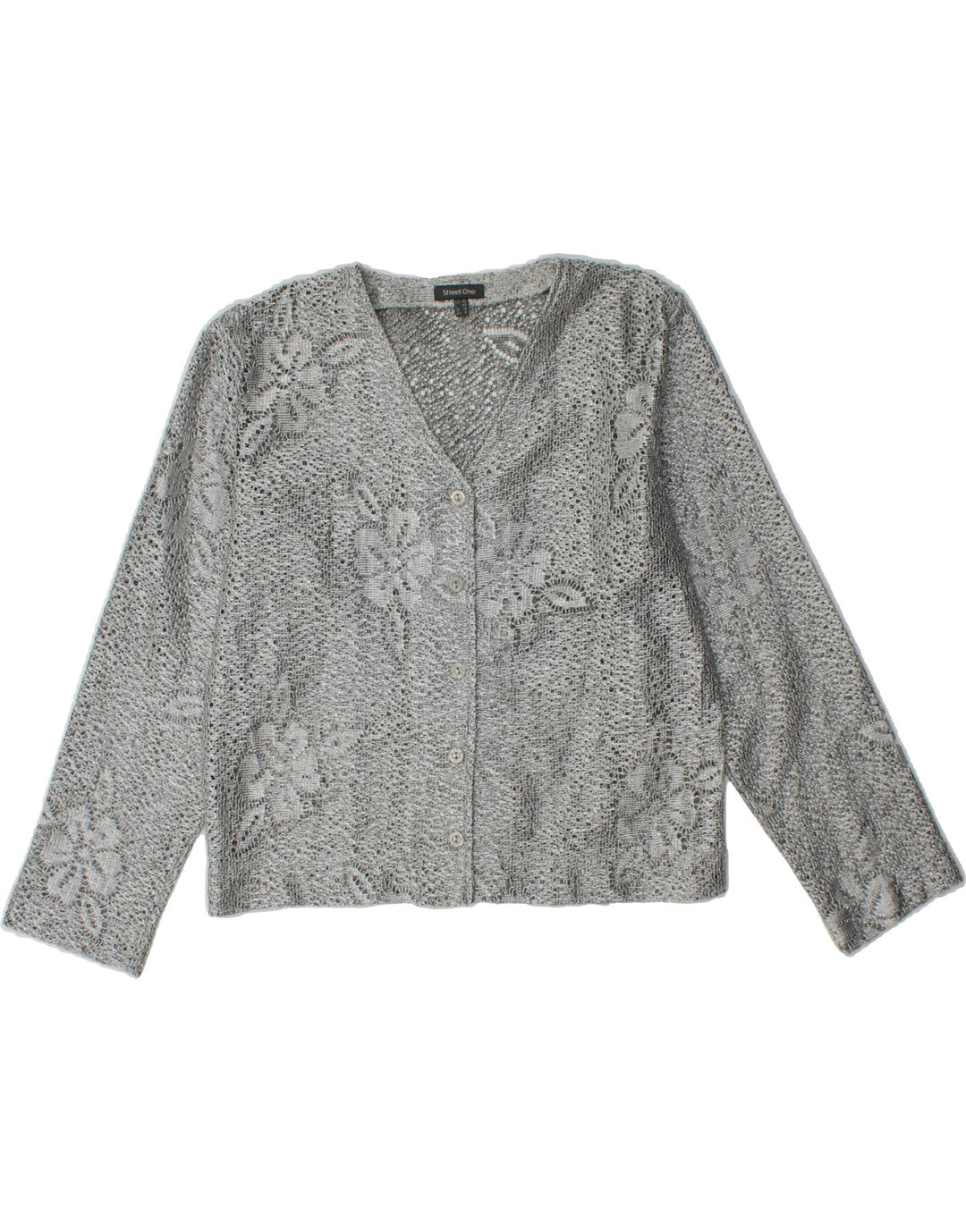 STREET ONE Womens Cardigan Sweater UK 14 Medium Grey Floral Polyester Vintage Street One and Second-Hand Street One from Messina Hembry 