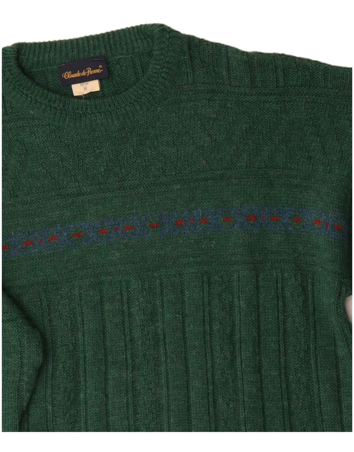 vintage Mens Crew Neck Jumper Pull Moyen Vert Fair Isle Laine